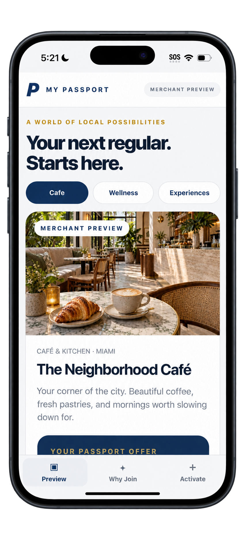 My Passport app open on an iPhone, showing its café discovery preview